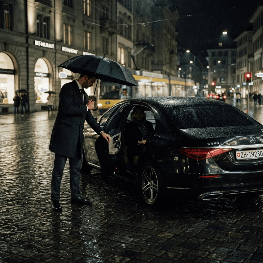 Chauffeur öffnet die Tür einer schwarzen Limousine auf einer regennassen Strasse in Zürich bei Nacht