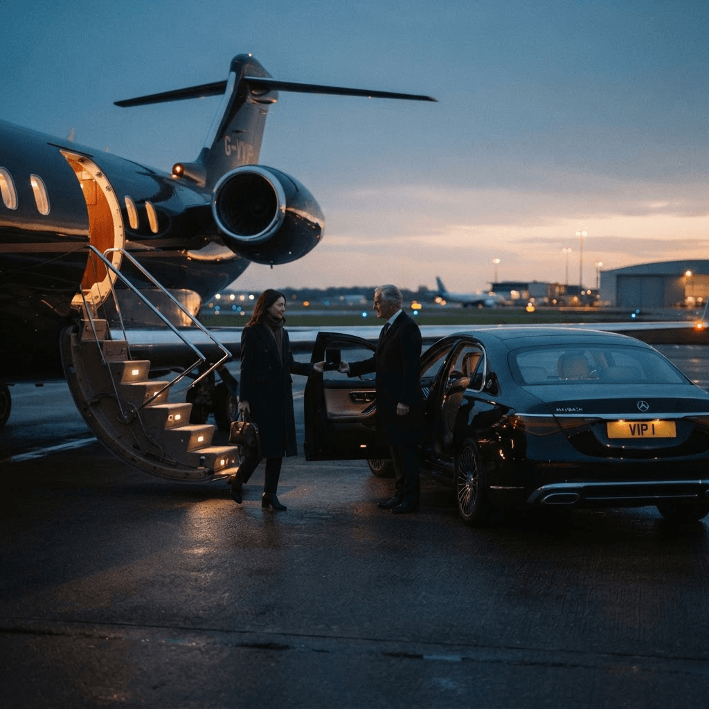 Übergabe einer Limousine neben einem Privatjet auf dem Rollfeld in der Abenddämmerung