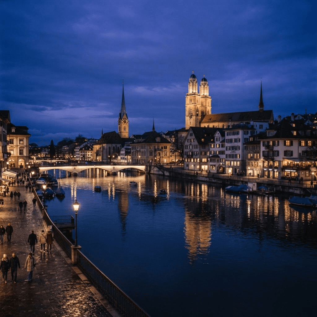 Zürich zur blauen Stunde über die Limmat