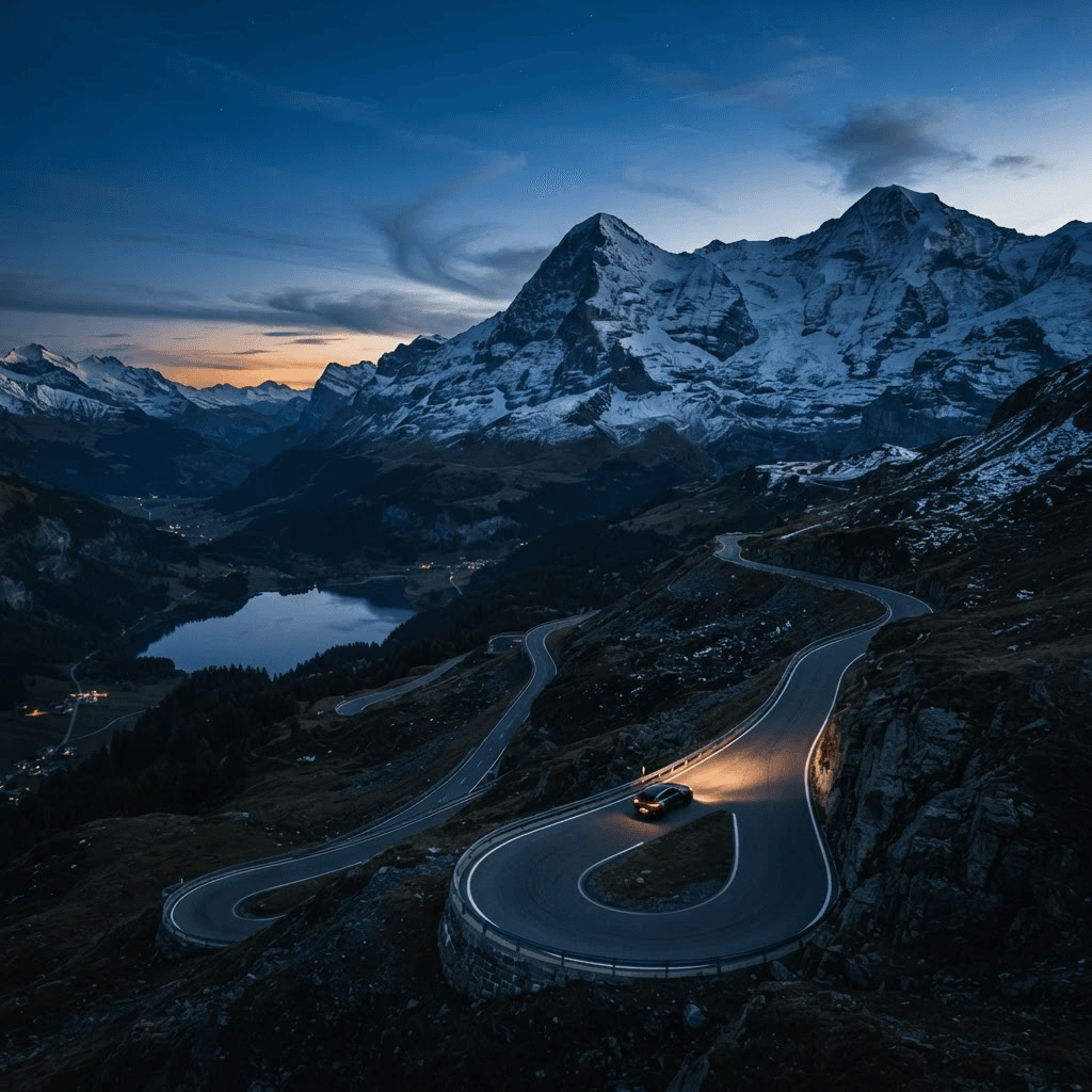 Kurvige Alpenstrasse in der Abenddämmerung mit den Scheinwerfern eines einzelnen Fahrzeugs