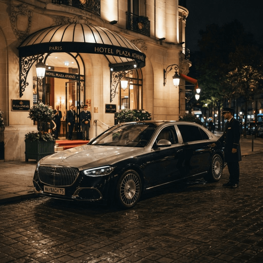 Mercedes-Maybach S-Klasse in Zweifarblackierung vor einem Grandhotel