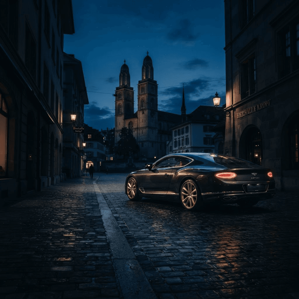 Bentley Continental GT in der Zürcher Altstadt zur blauen Stunde
